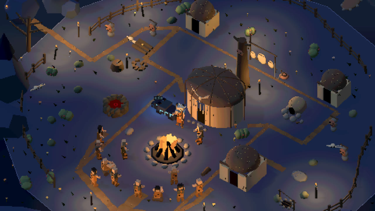 Villagers dancing around a bonfire at night inside a fenced camp