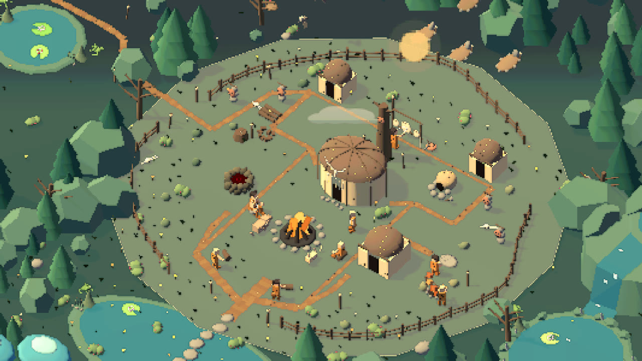 The Primal camp by day with hide domes, paths and a central bonfire