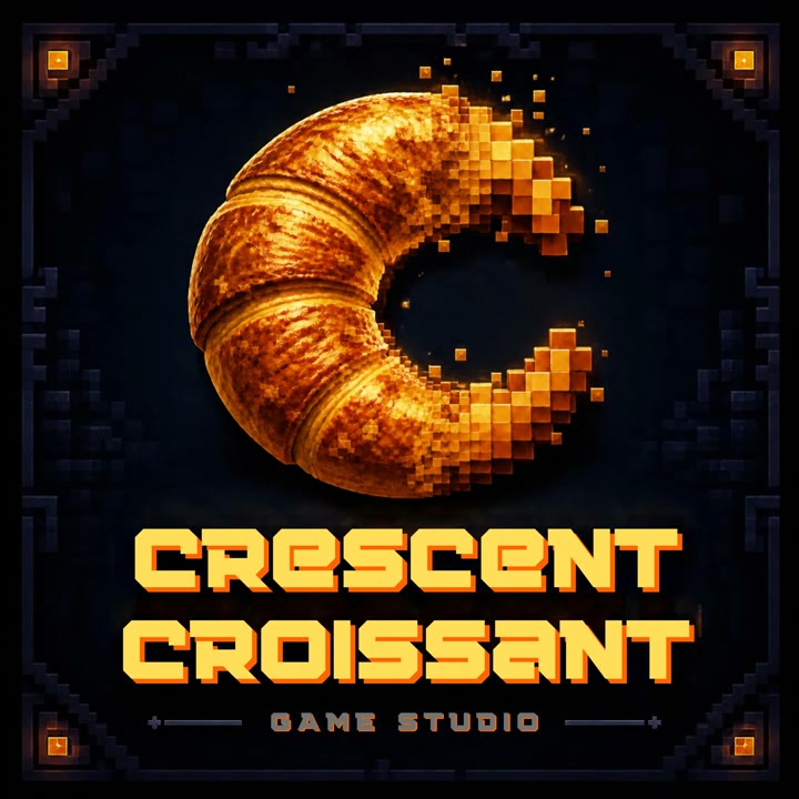 Crescent Croissant Game Studio logo: a golden croissant crumbling into pixels inside a dark stone frame